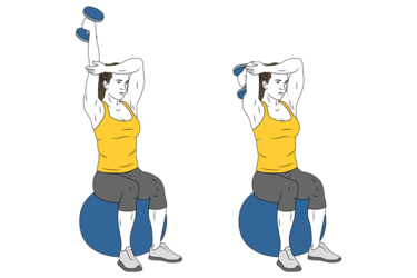Extension de triceps con mancuerna sentado en pelota de pilates