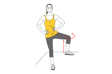 Rotación externa de cadera de pie con rodilla levantada
