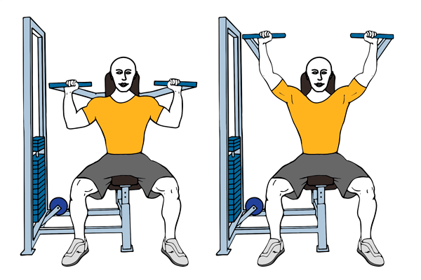 Exercici de pressió (press) frontal d'espatlles assegut a la màquina i subjecció neutra
